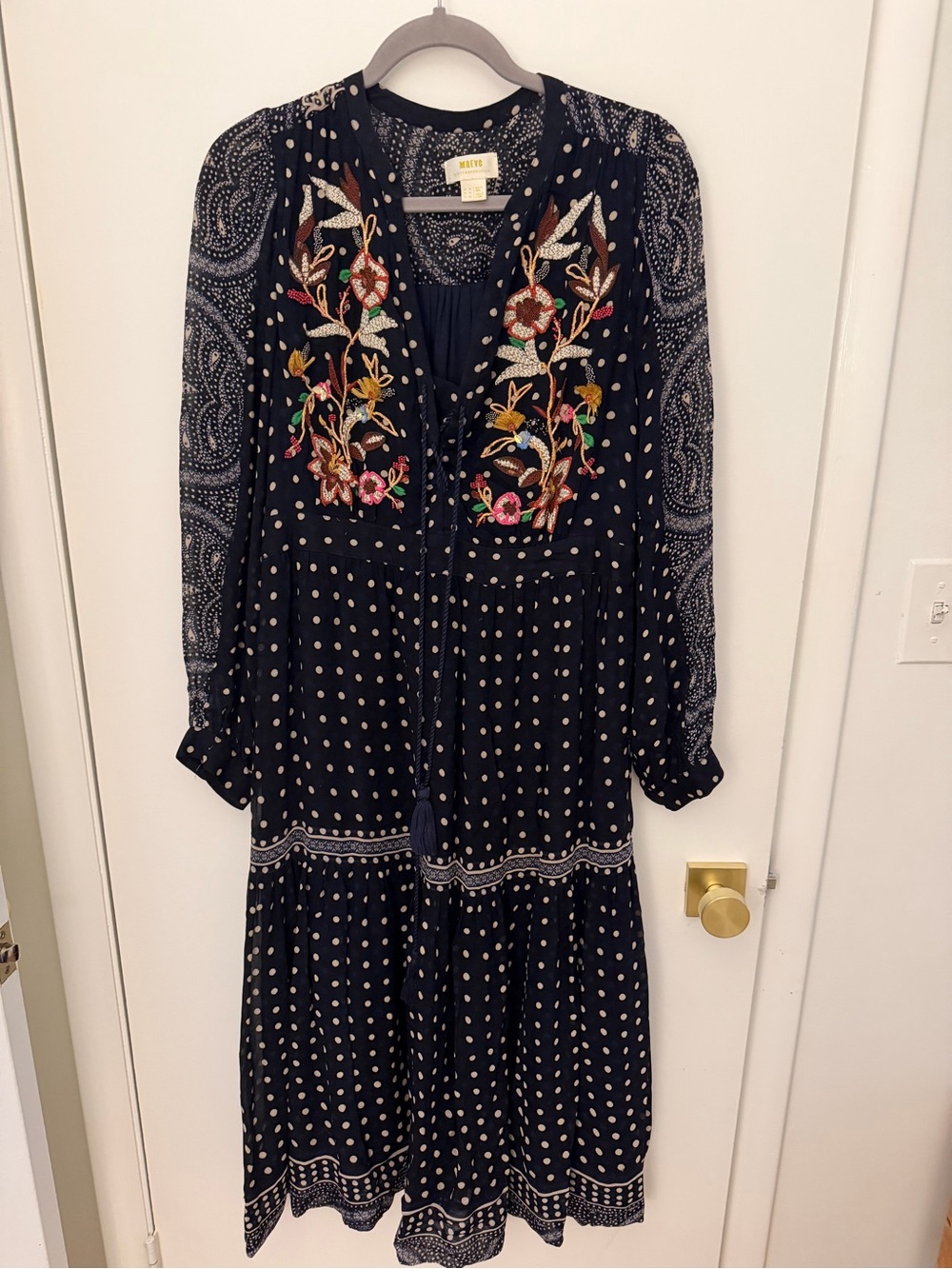 Anthropologie Navy Long-Sleeve Embroidered Midi Dress